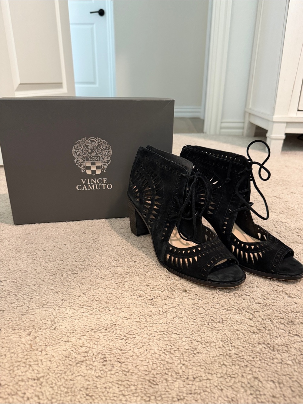 Vince Camuto Black Suede Laser-Cut Lace-Up Heeled Booties